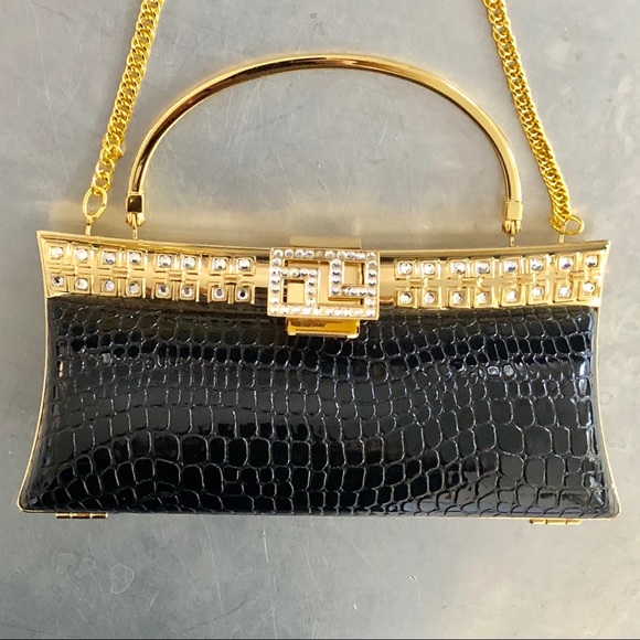 Black & Gold Croc Print Evening Bag - Picture 3 of 11